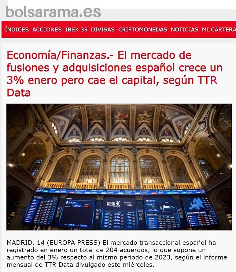 Economía/Finanzas.- El mercado de fusiones y adquisiciones español crece un 3% enero pero cae el capital, según TTR Data